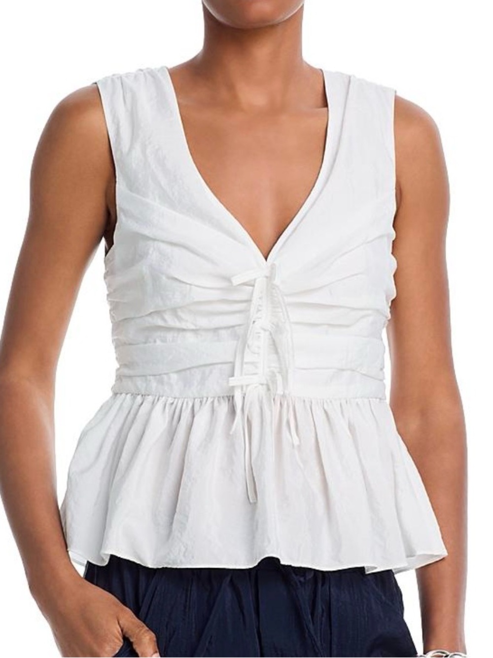 Cinq A Sept Sina Ruched Peplum Top V-Neck Bows White Sz M NWT